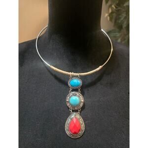 Women's Statement Necklace With Turquoise And Red Gemstones Lobster Claw Clasp